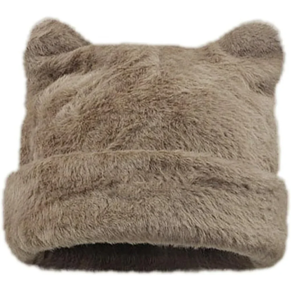 Womens Light Khaki Winter Beanie Hat Cute Cat/Bear Ear Hat with Internal Support